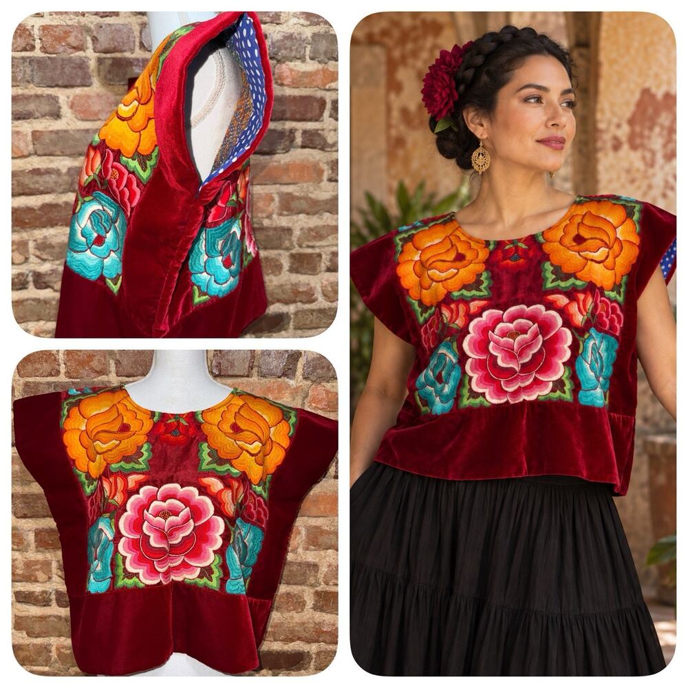 GORGEOUS Tehuana Huipil Oaxaca Velvet Embroidered Floral Blouse Frida Style Sz M